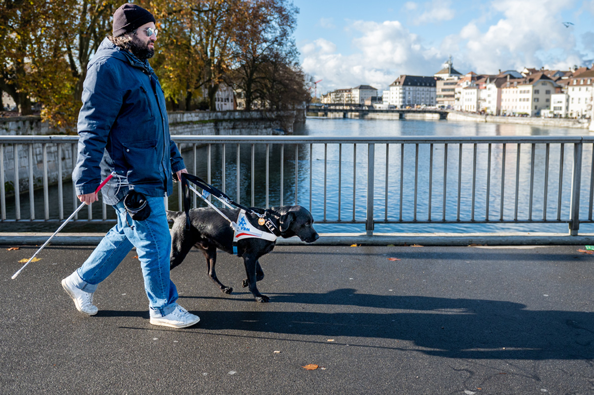 Blindenhundeteam überquert Brücke.